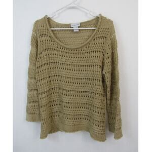 Soft Surroundings Large Tan Open Knit Long Sleeve Scoop Neck Pullover Sweater